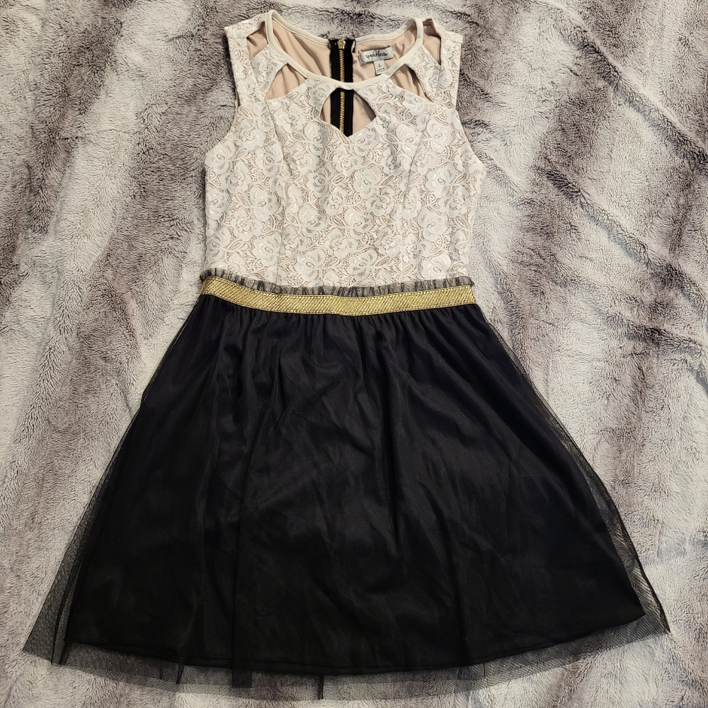 Junior's Cream Colored Lace and Sheer Black Dress